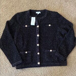 Charter Club Black Tweed Cardigan with Pearl Buttons